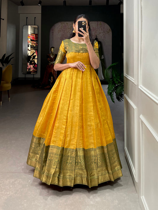 Yellow Color Zari Weaving Work Kanjivaram Dress