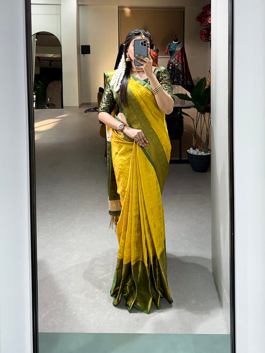 Yellow Color Zari Weaving Work Kanjivaram Saree