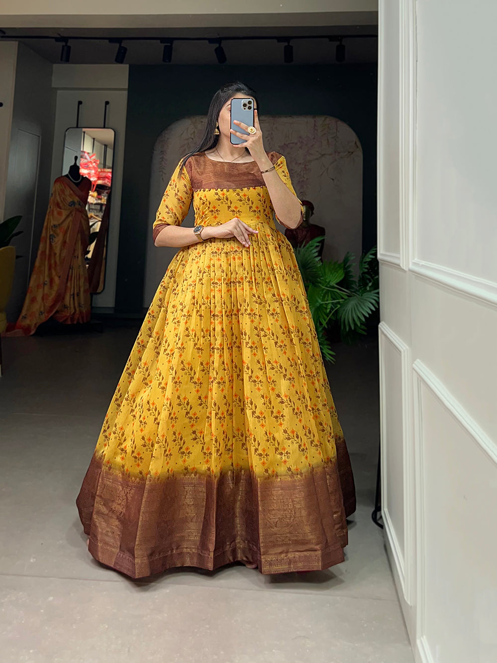 Yellow Color Print With Zari Patta  Soft Cotton Dress