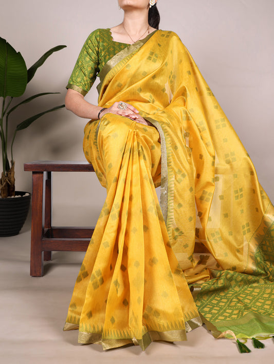 Yellow Color Jacquard Silk Patola Print With Zari Weaving Work Saree