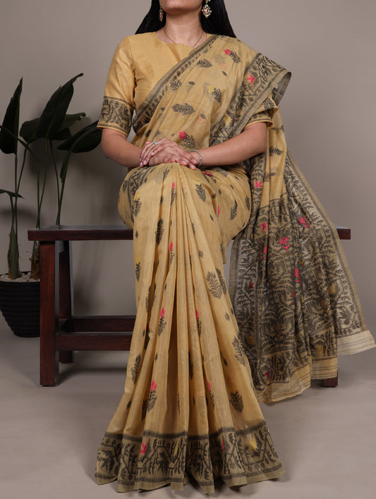 Yellow Color Thread Embroidery Work Poly Cotton Saree