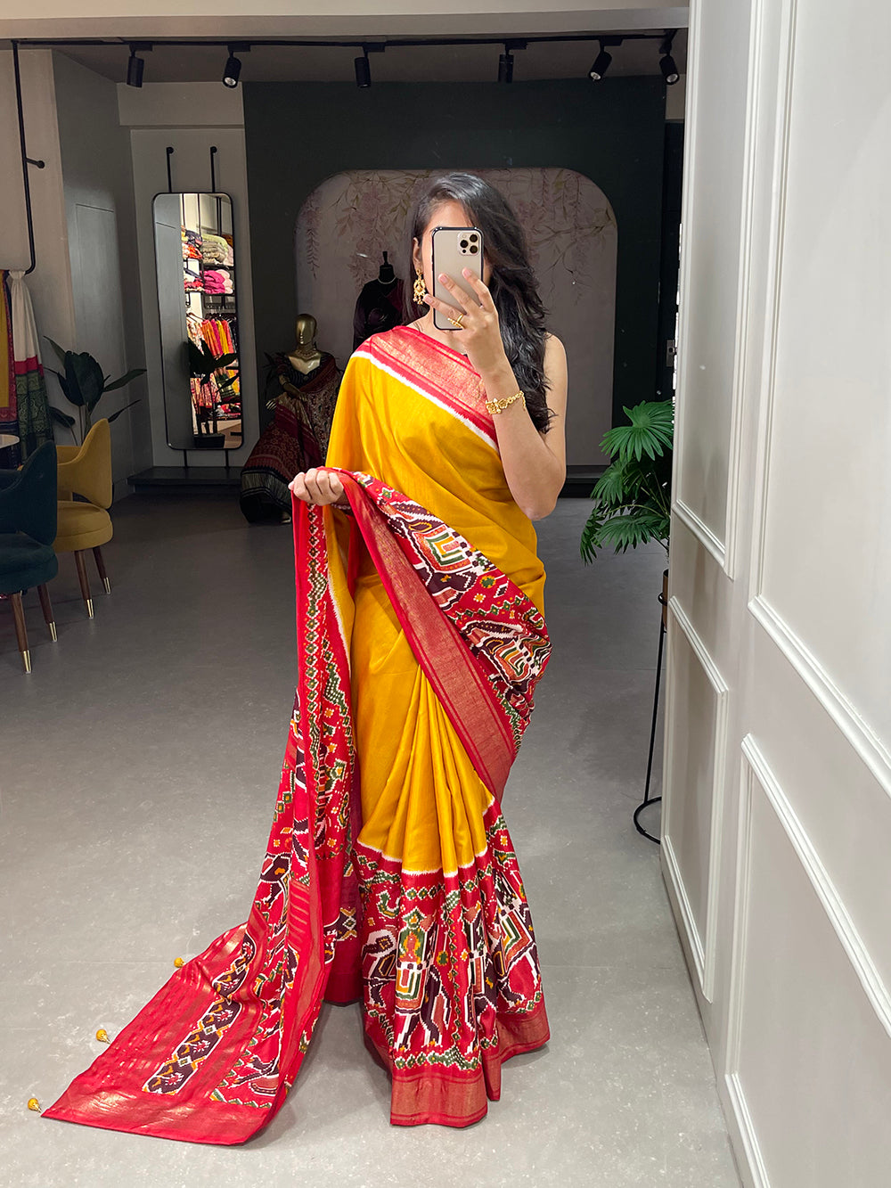 Mustard Color Patola Print And Foil Work Dola Silk Saree