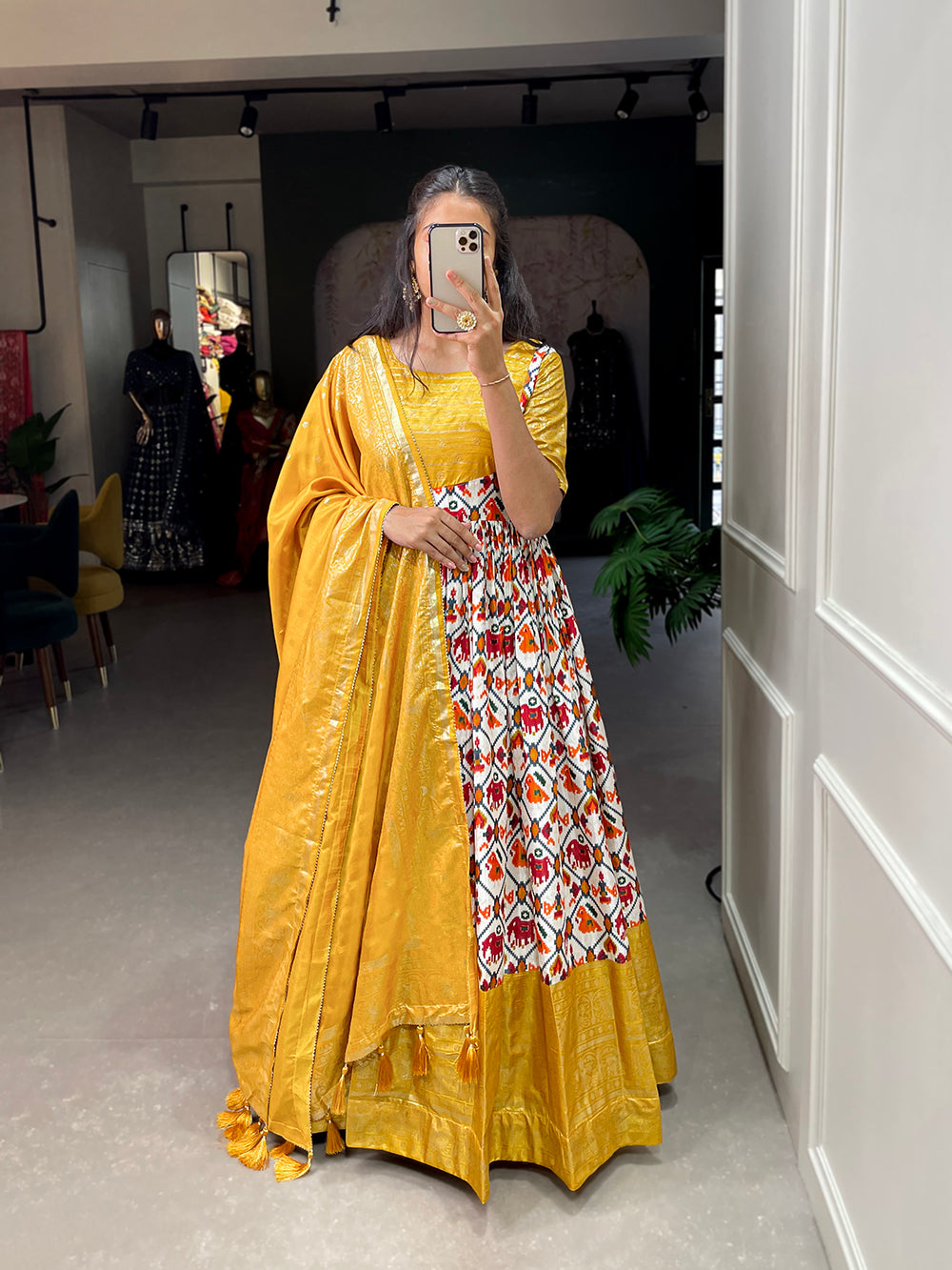 Mustard Color Patola Print With Foil Work Dola Silk Dress