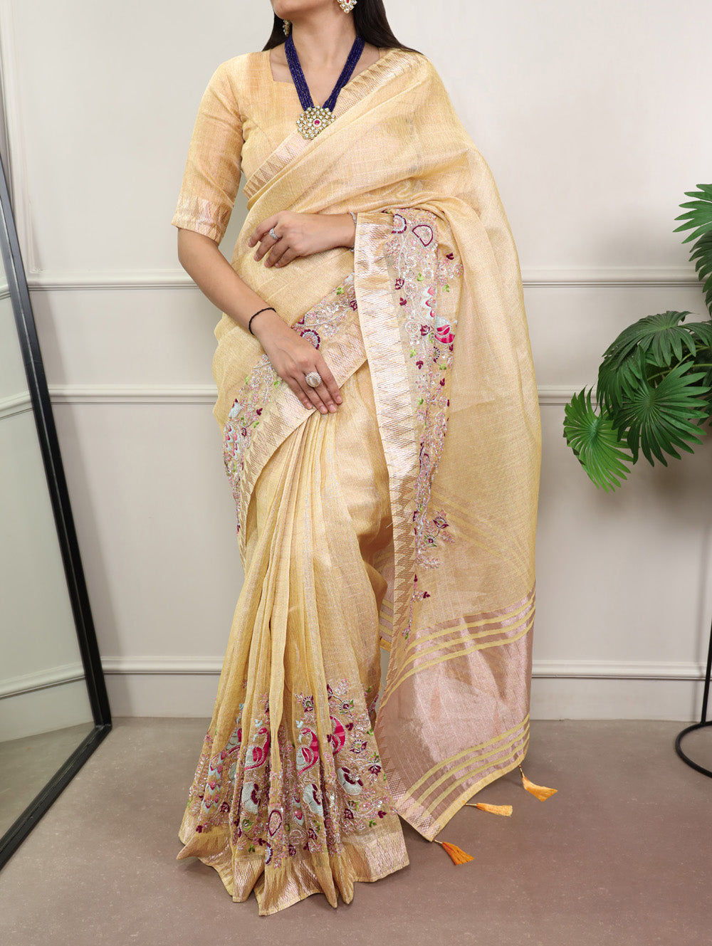 Yellow Color Embroidery Beads Work Zari Kota Tissue Saree
