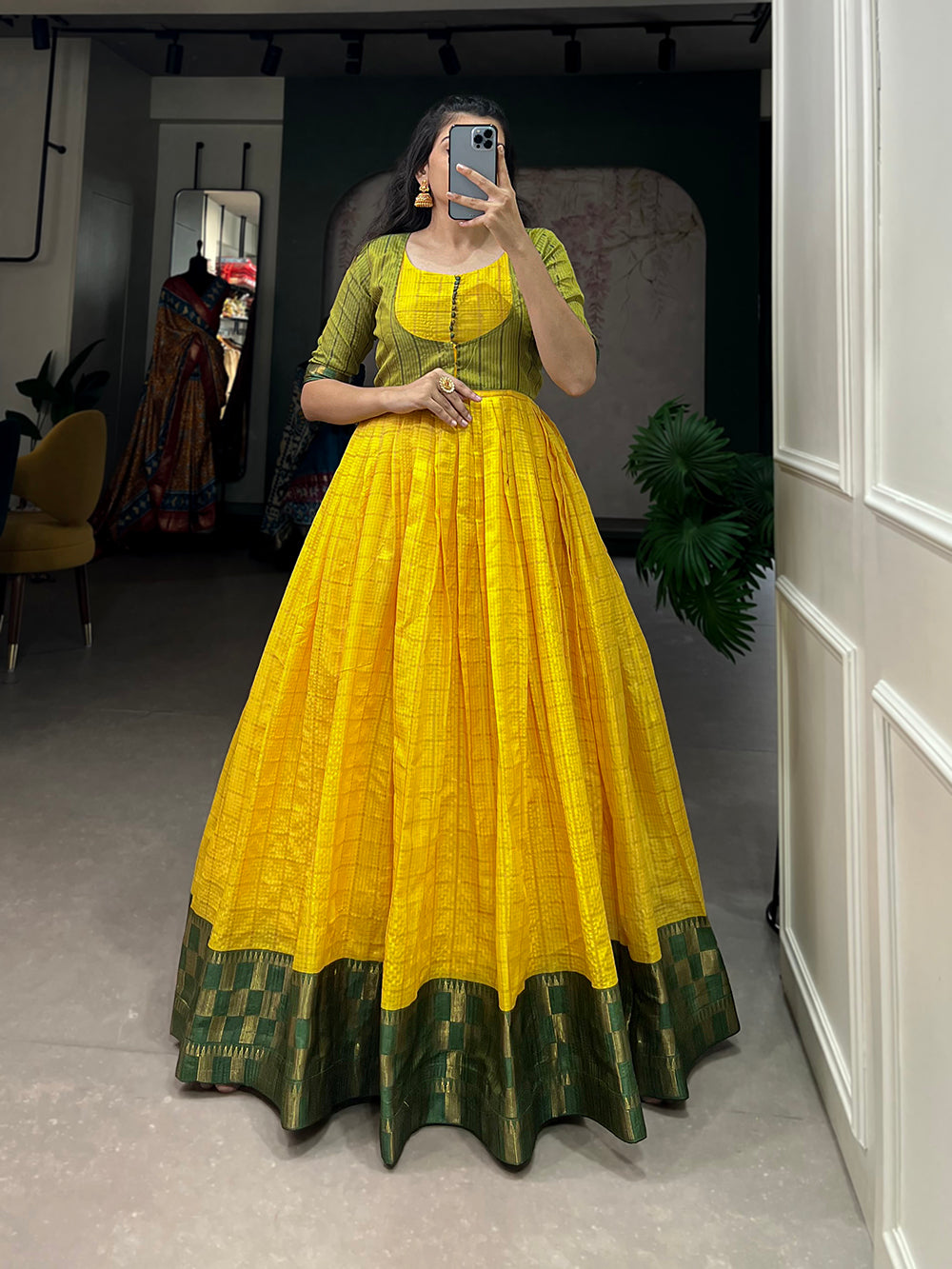 Yellow Color Zari Weaving Work Zari Chex Maharashtra Dress