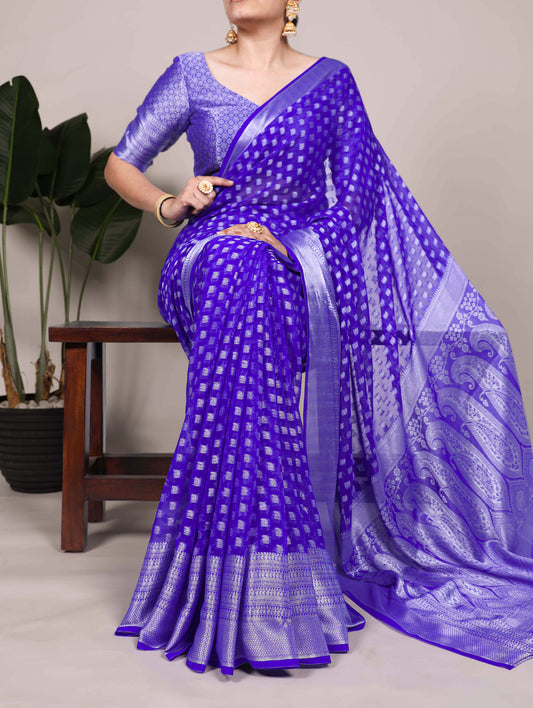Royal Blue Color Zari Weaving Work (Viscose Border) Nylon Georgette Saree
