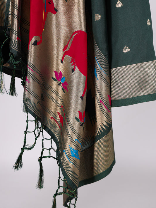 Dark Green Color Weaving Zari Work Jacquard Silk With Paithani Dupatta