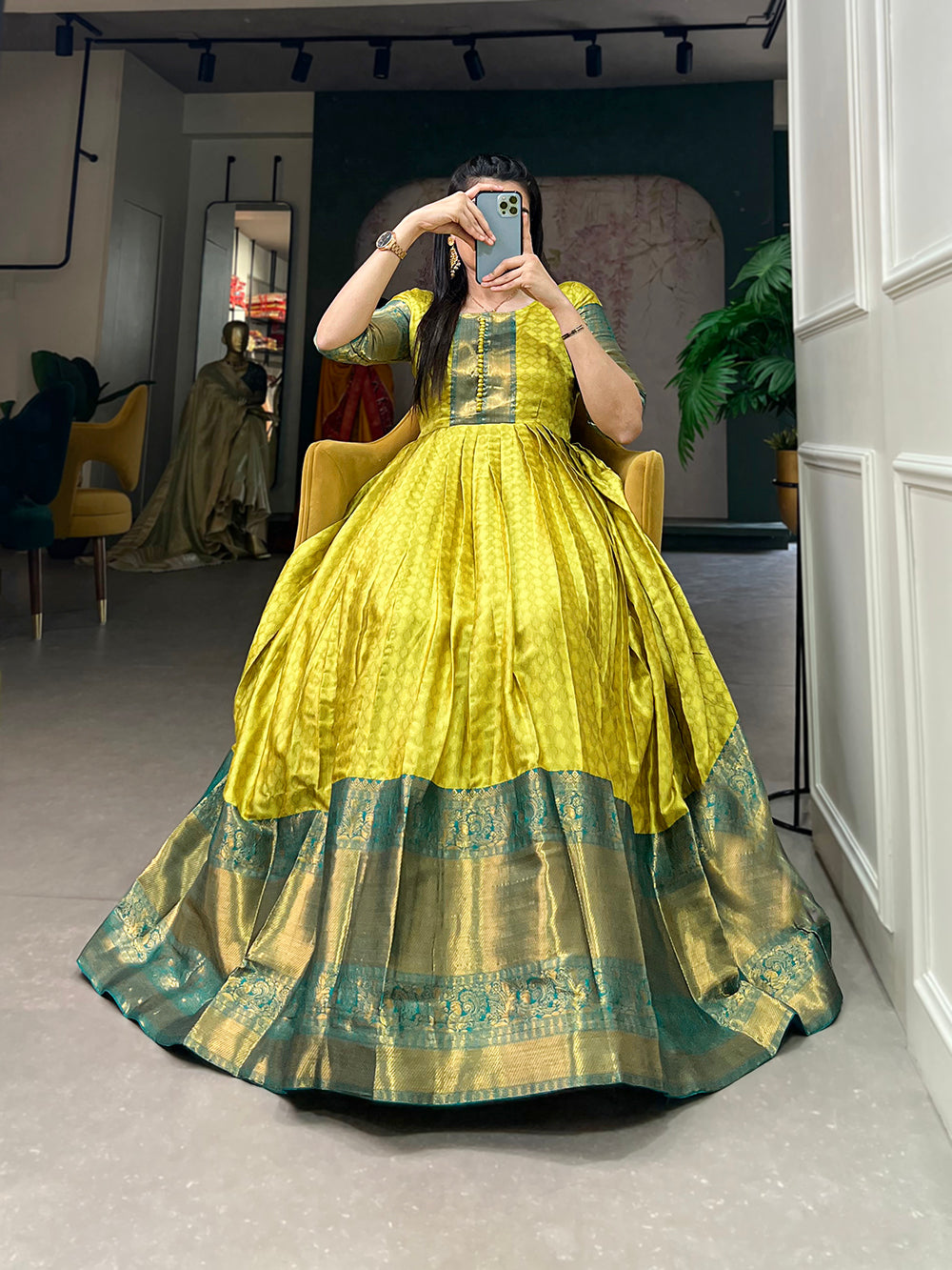 Parrot Color Self Design Aura Fabric Zari Weaving Work Dress