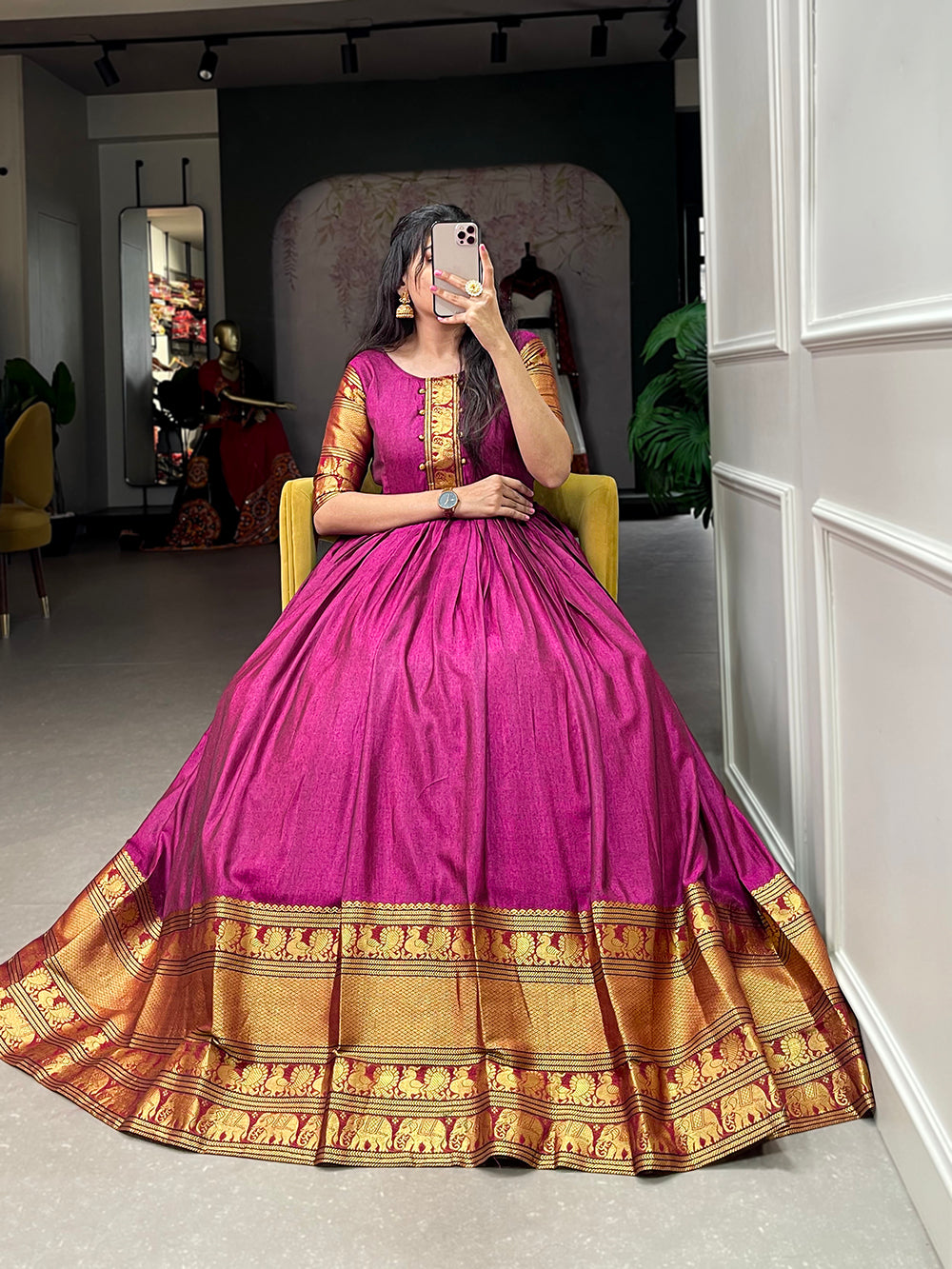 Pink Color Zari Weaving Work Narayan Pet (Cotton) Dress