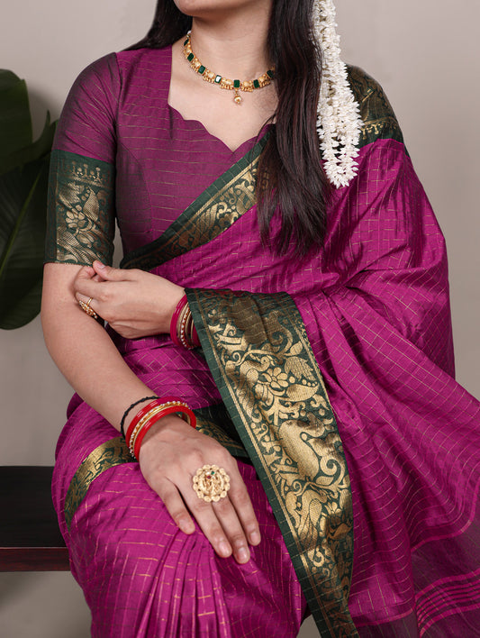 Rani Pink Color Chex With zari Weaving Work Poly Cotton Saree