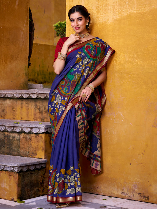 Blue Color Kalamkari Print With Zari Weaving Work Polyester Viscose Chanderi Saree