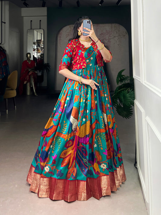 Firozi Color Kamamkari Print With Zari Weaving Work Tasar Silk Gown