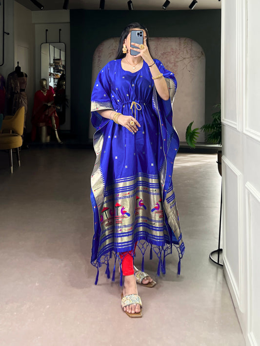 Blue Color Zari Weaving Work Jacquard Kaftan