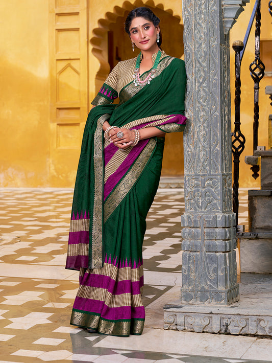Green Color Printed With Zari Weaving Work Poly Cotton Saree
