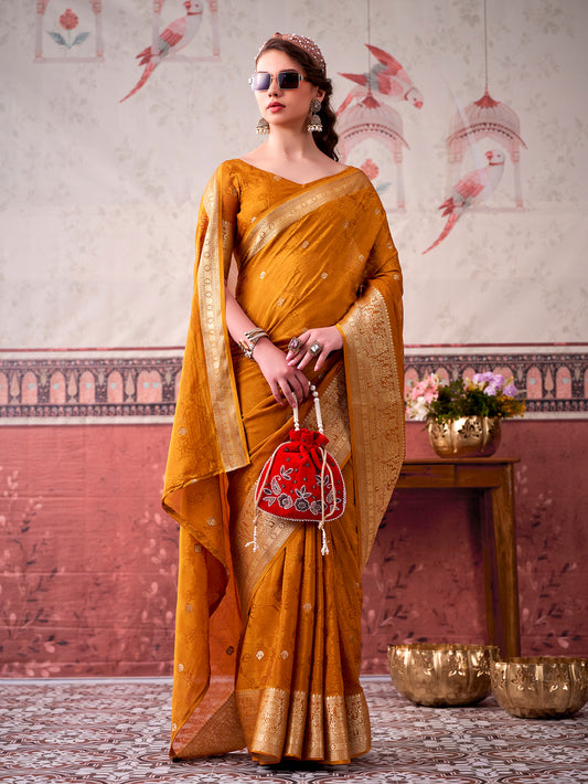Mustard Color Chinon Saree