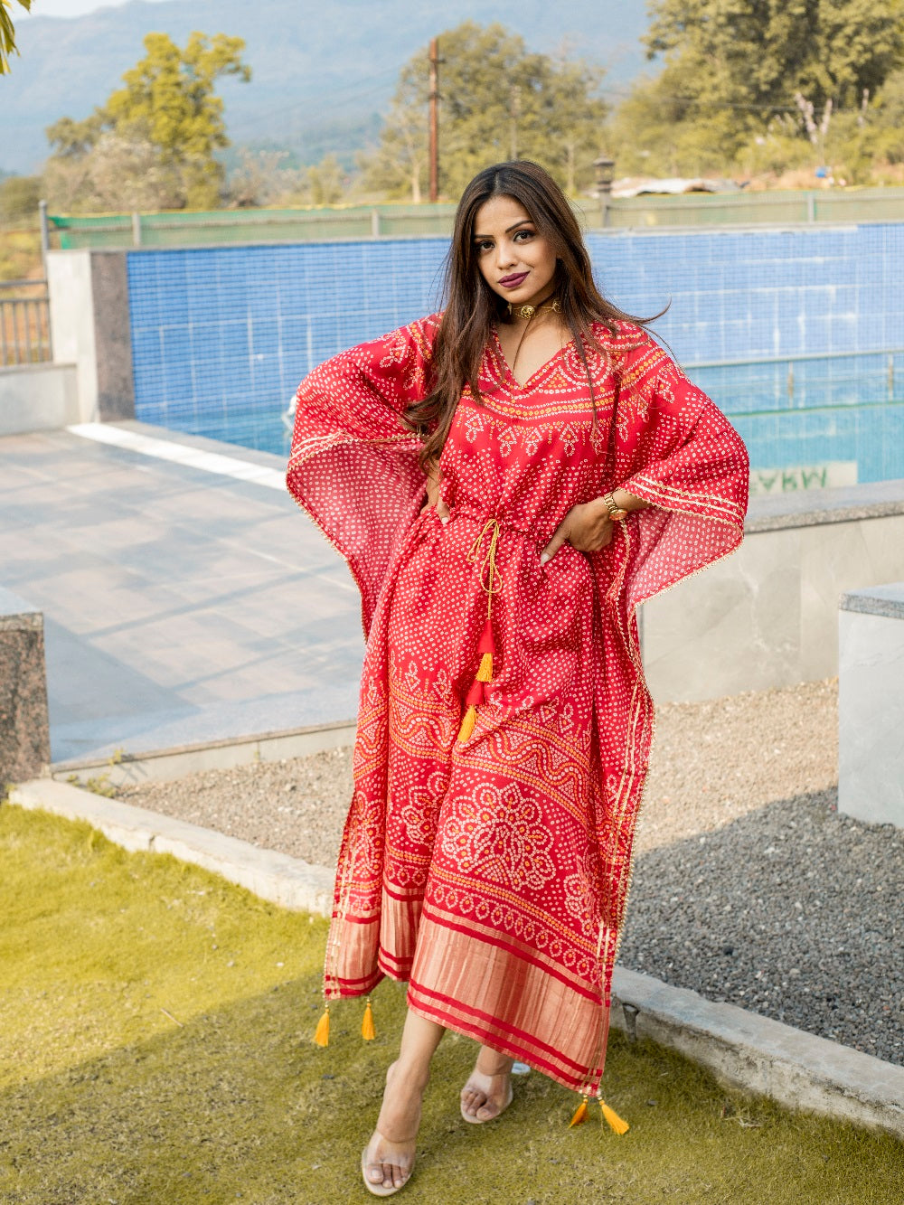 Red Color Digital Bandhej Print Gaji Silk Kaftan