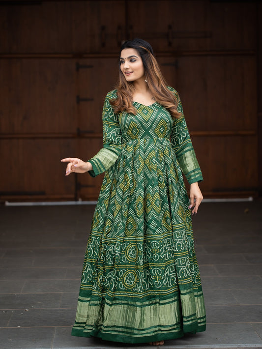 Green Color Digital Bandhej Printed Pure Gaji Silk Dress