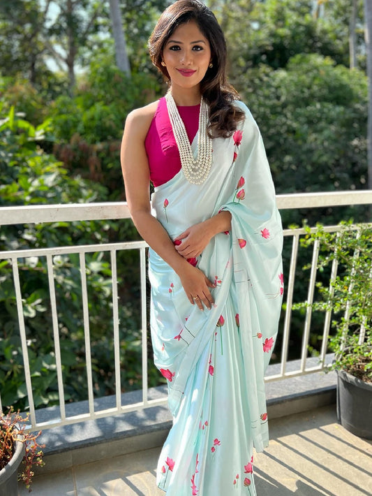 Sky Blue Color Digital Printed Japan Satin Silk Saree