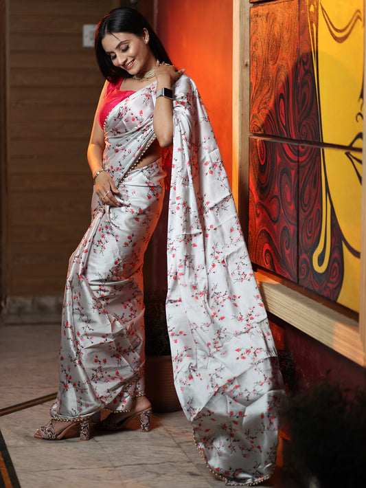 Gray Color Digital Printed Heavy Japan Satin Saree With Pearl Lace Border