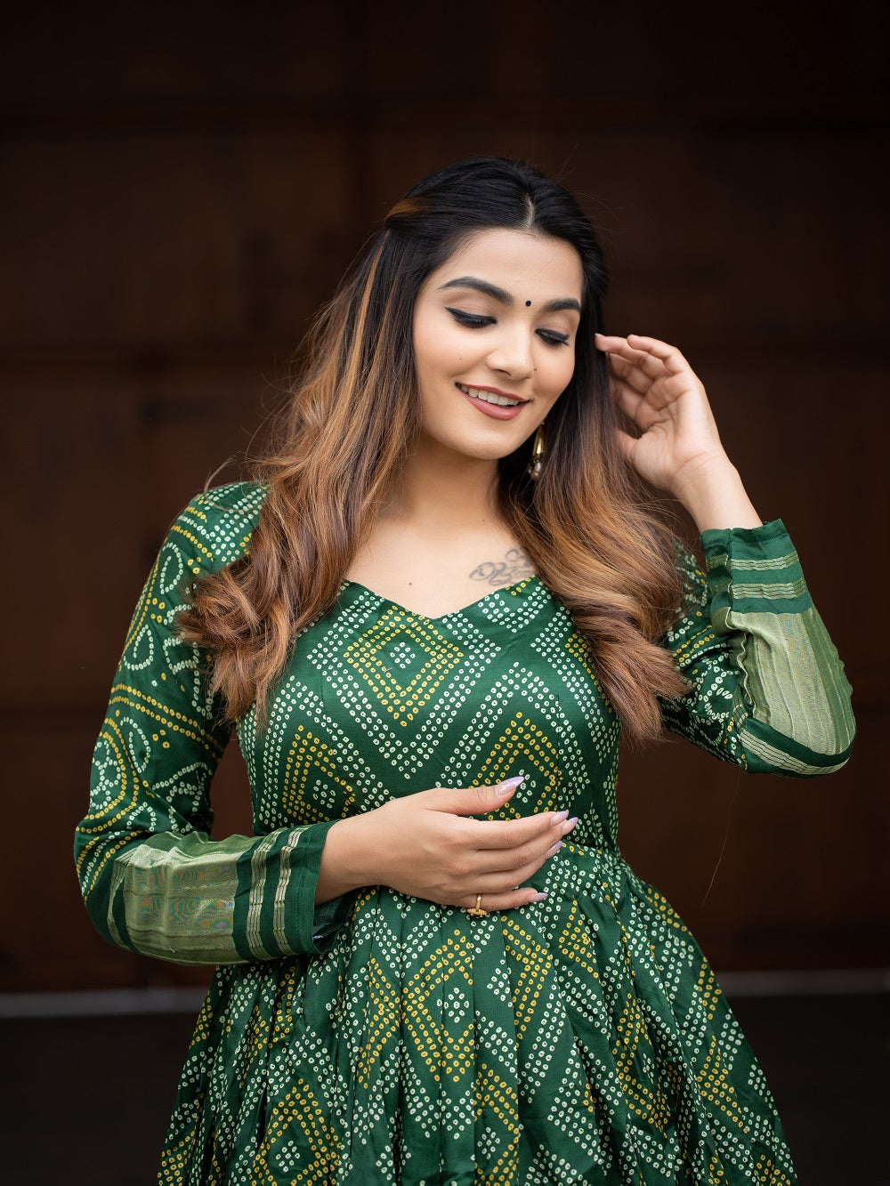 Green Color Digital Bandhej Printed Pure Gaji Silk Dress