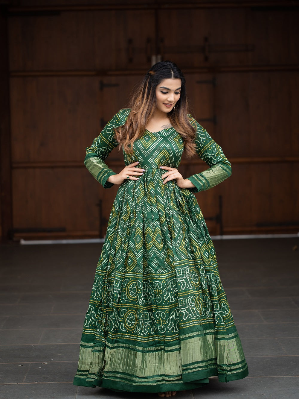 Green Color Digital Bandhej Printed Pure Gaji Silk Dress Free Size