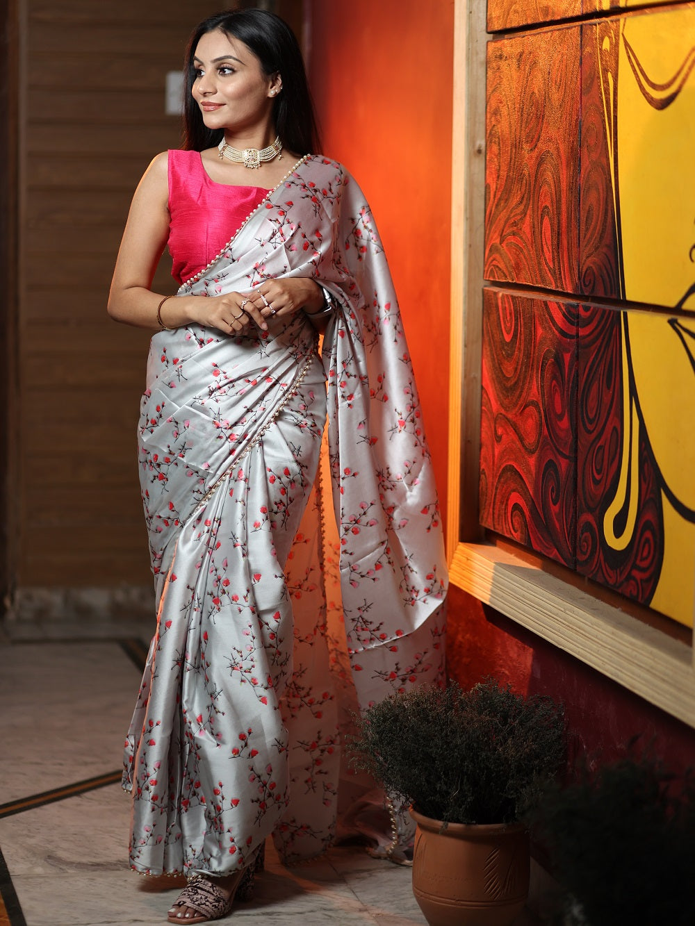 Gray Color Digital Printed Heavy Japan Satin Saree With Pearl Lace Border