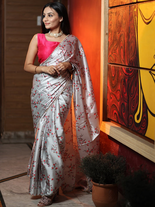 Gray Color Digital Printed Heavy Japan Satin Saree With Pearl Lace Border