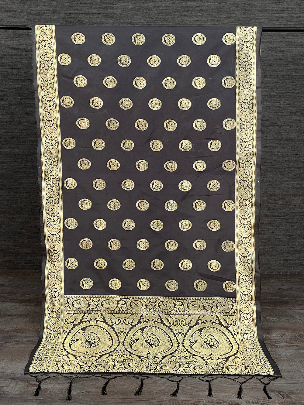 Golden & Black Weaving Zari Work Jacquard Dupatta With Tassels