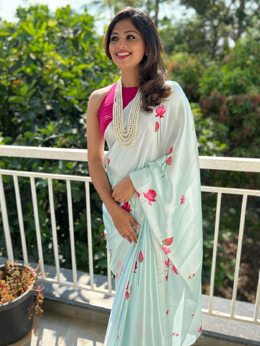 Sky Blue Color Digital Printed Japan Satin Silk Saree