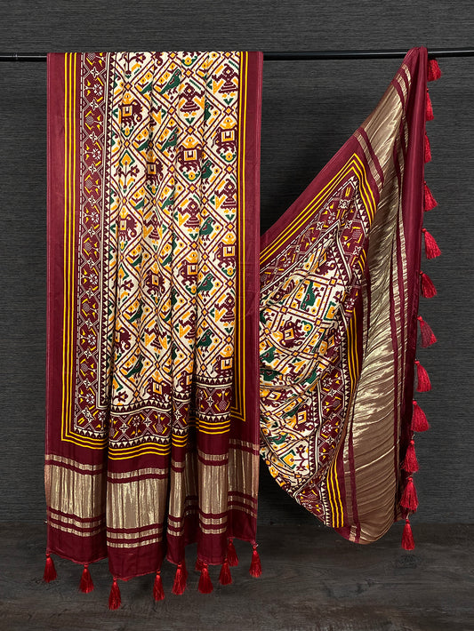 Maroon Color Digital Patola Printed Pure Gaji Silk Dupatta With Tassels