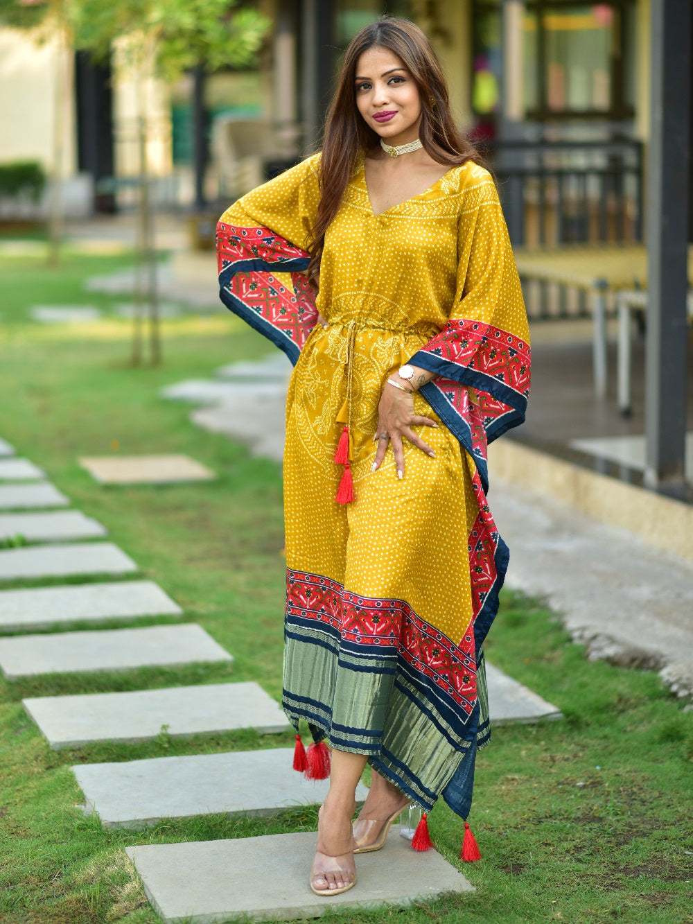 Mustered Color Digital Bandhej Print Gaji Silk Kaftan