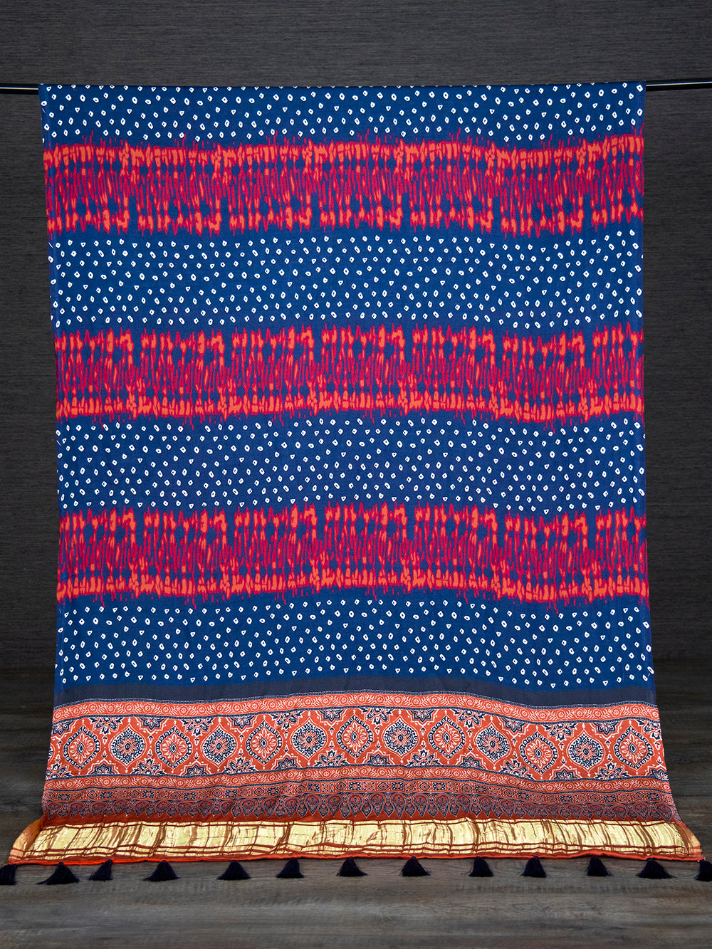 Navy Blue Color Digital Printed Pure Gaji Silk Dupatta With Tassels
