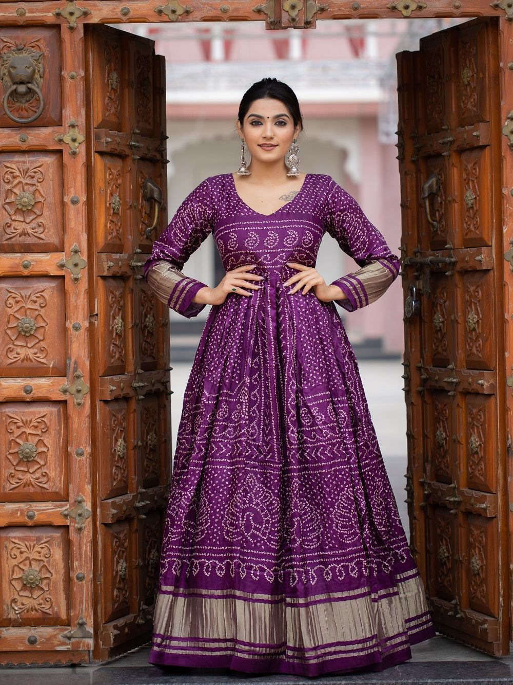 Wine Color Digital Bandhej Printed Pure Gaji Silk Beautiful Dress