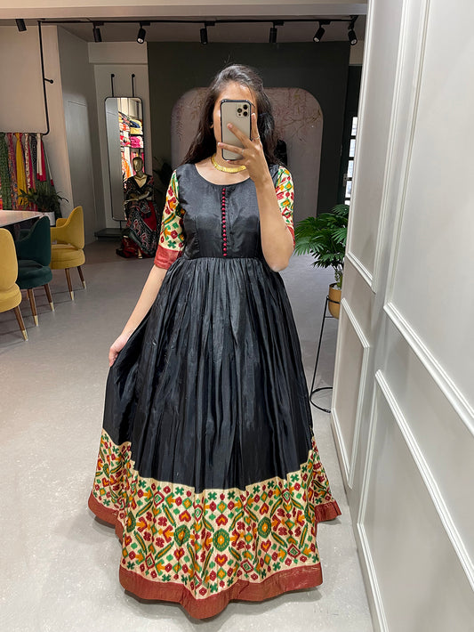 Black Color Foil Printed Dola Silk Dress