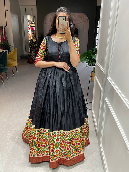 Black Color Foil Printed Dola Silk Dress