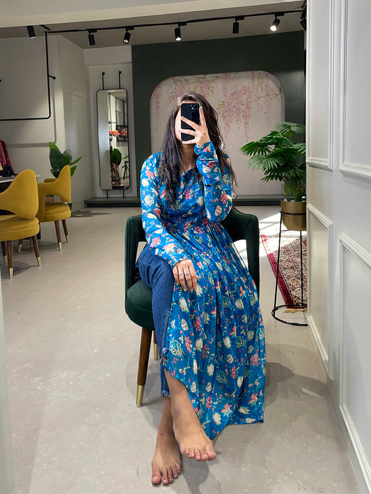 Blue Color Floral Printed Georgette Naira Cut Kurti