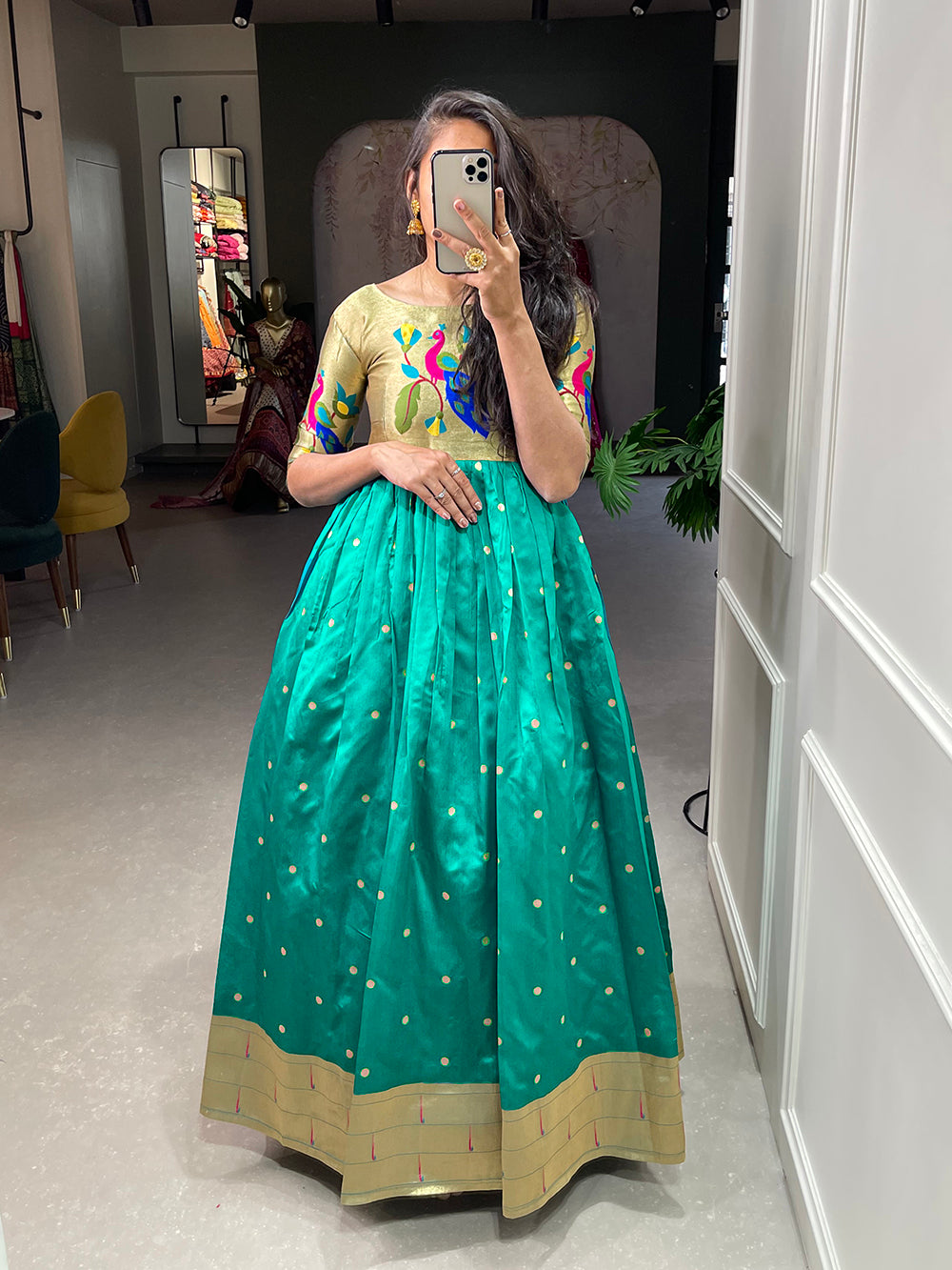 Bottle Green Color Weaving Zari Work Jacquard Silk Paithani Dress