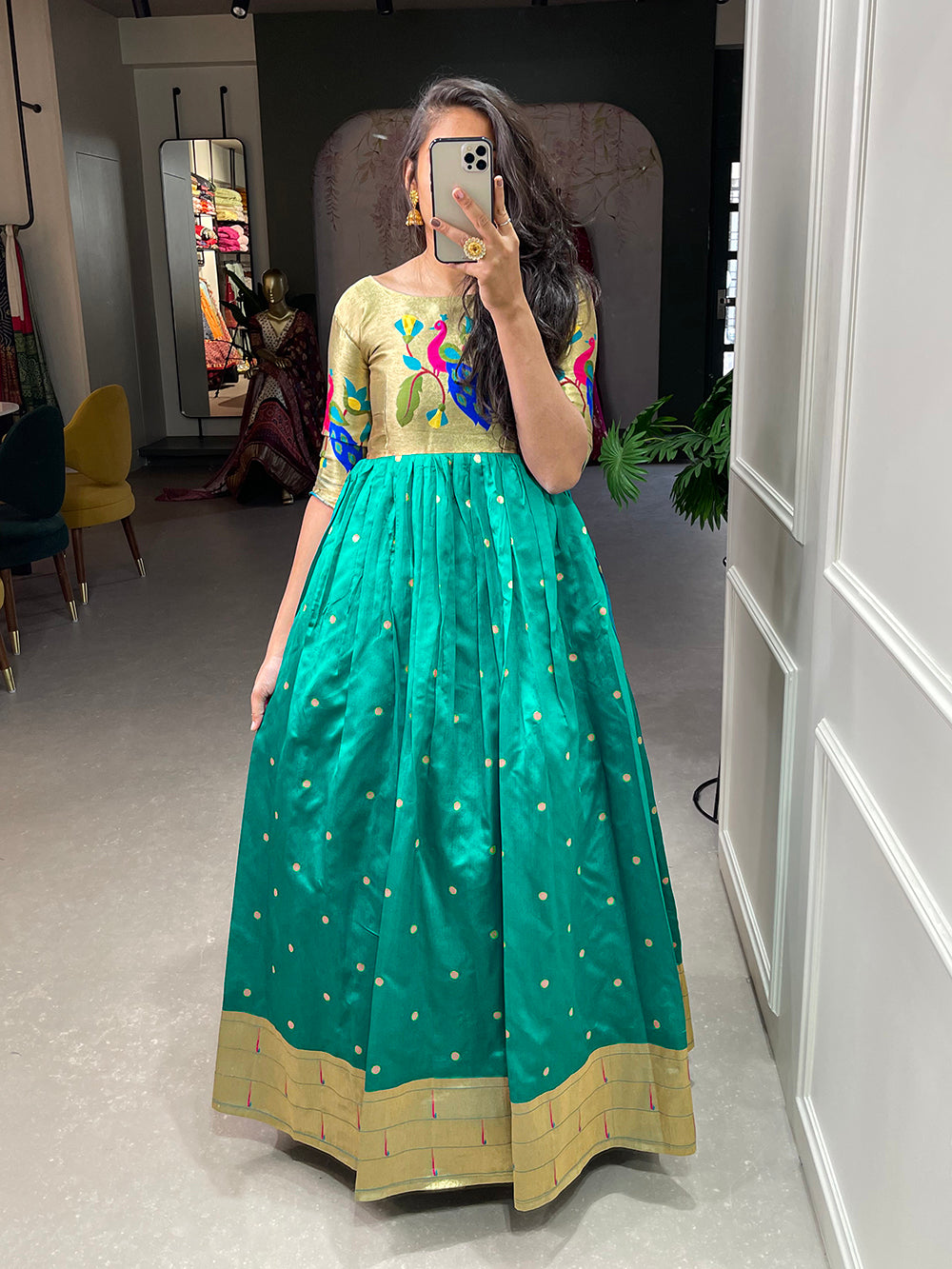Bottle Green Color Weaving Zari Work Jacquard Silk Paithani Dress