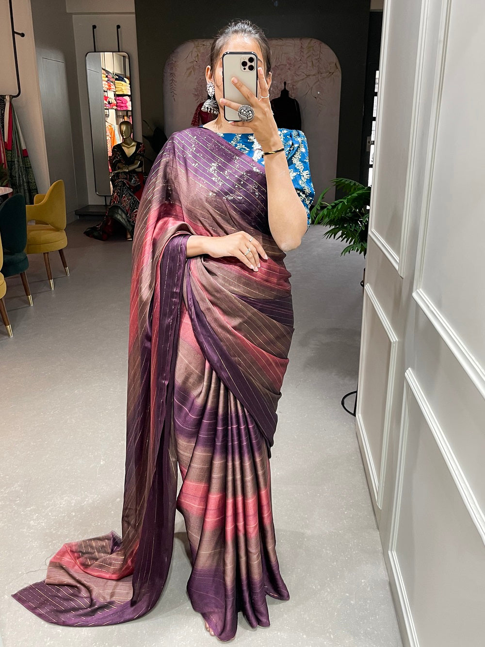 Brown Color Zari Lining Work Rangoli Padding Saree