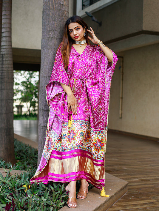 Wine Color Bandhej Digital Print Pure Gaji Silk Kaftan