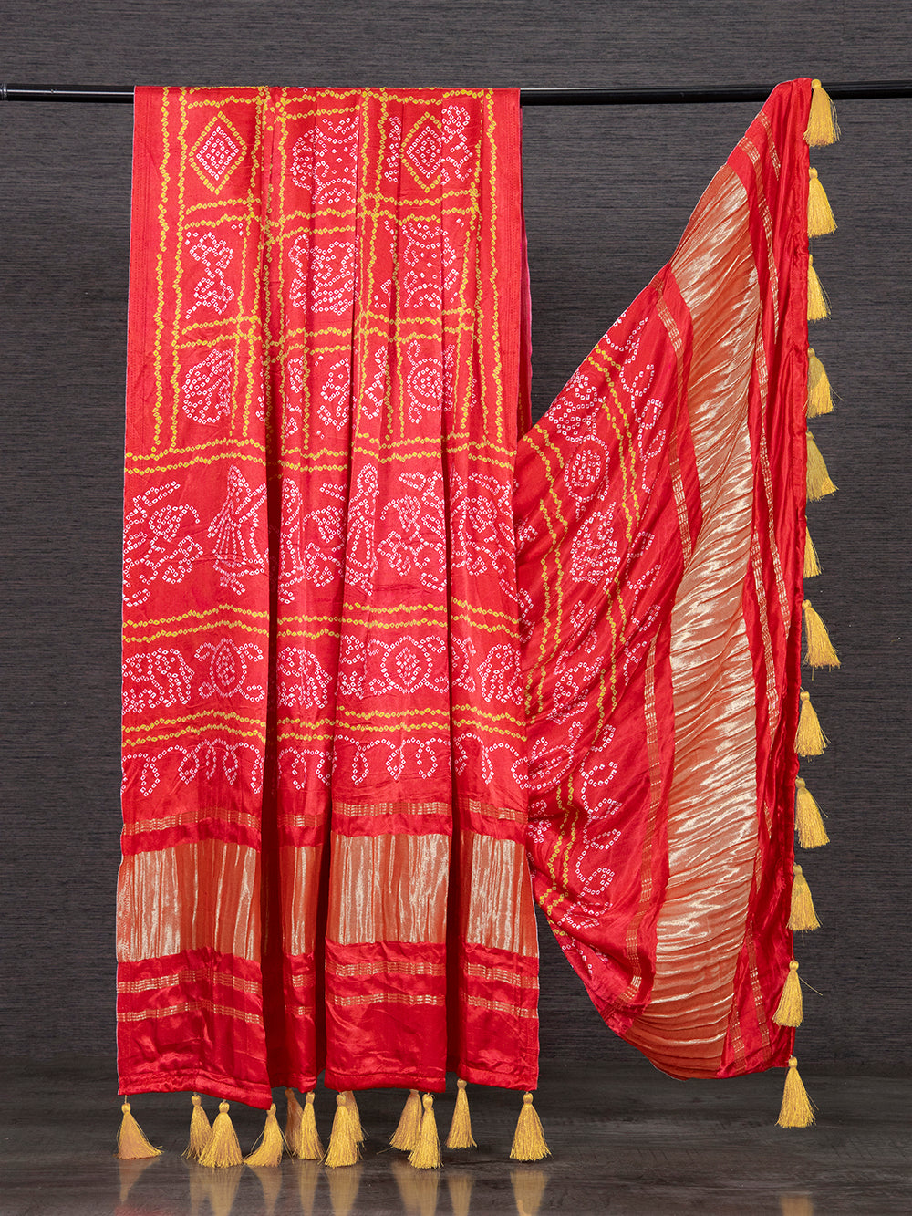 Crimson Color Pure Gaji Silk Bandhani Printed Dupatta With Tassels