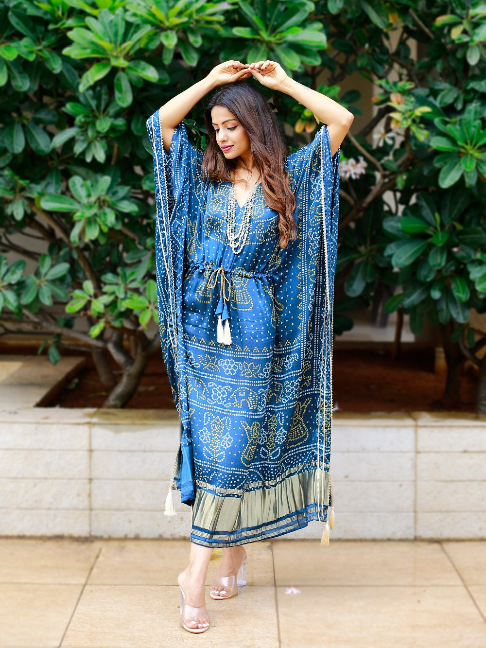 Navy Blue Color Bandhni Printed Pure Gaji Silk Kaftan