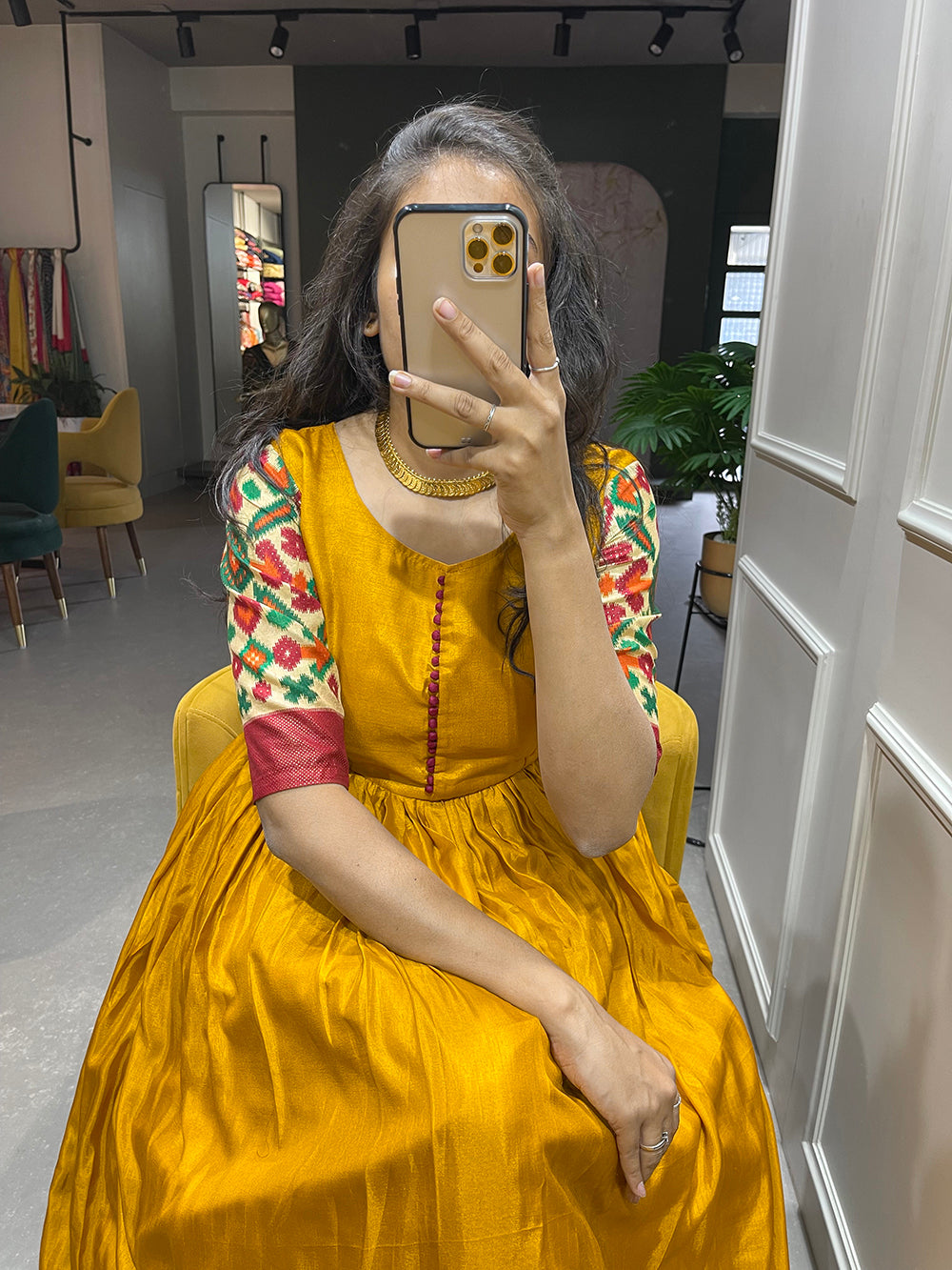 Yellow Color Foil Printed Dola Silk Dress