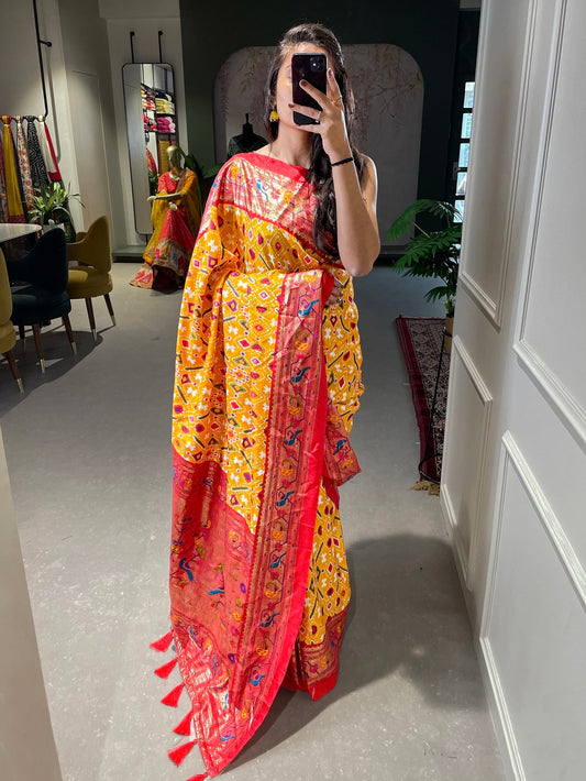 Yellow Color Patola Paithani Printed with Foil Work Dola Silk Saree