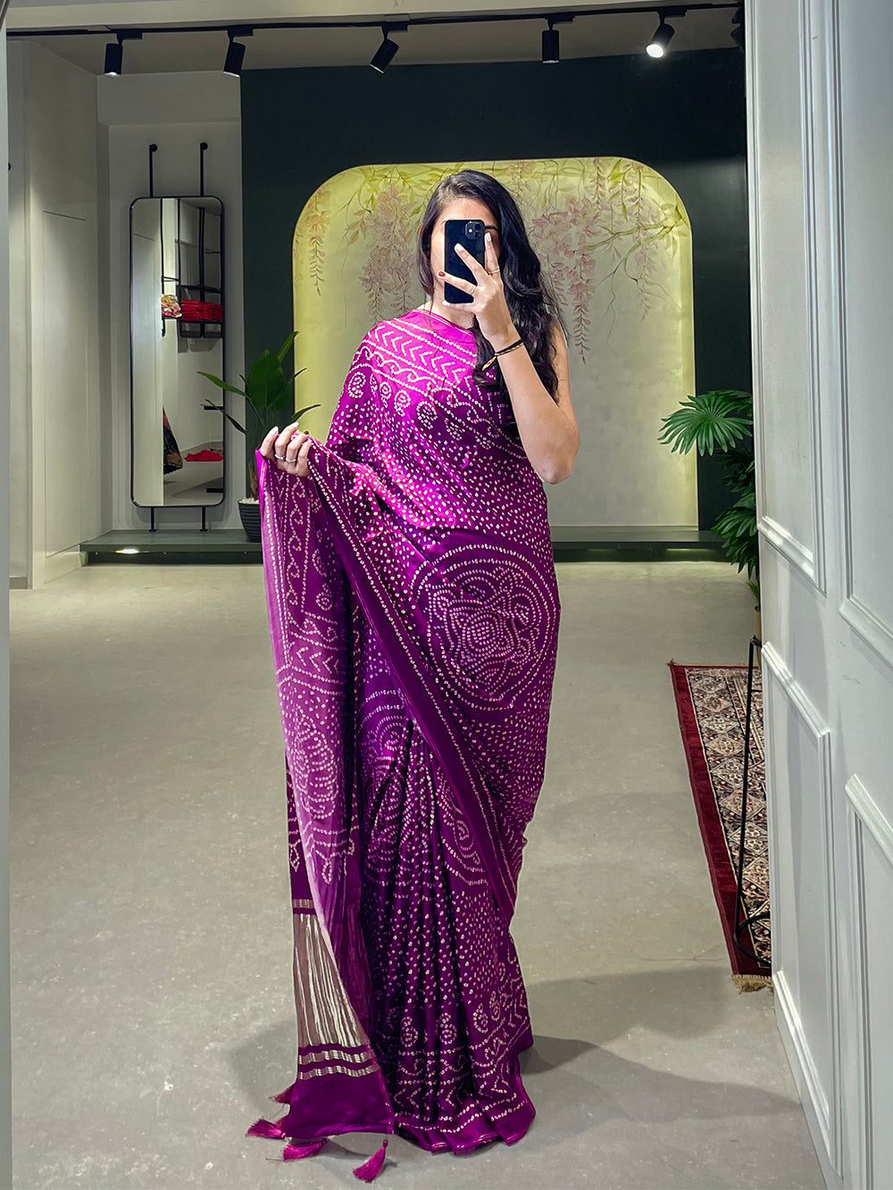 Wine Color Floral & Foil Work Gaji Silk Saree