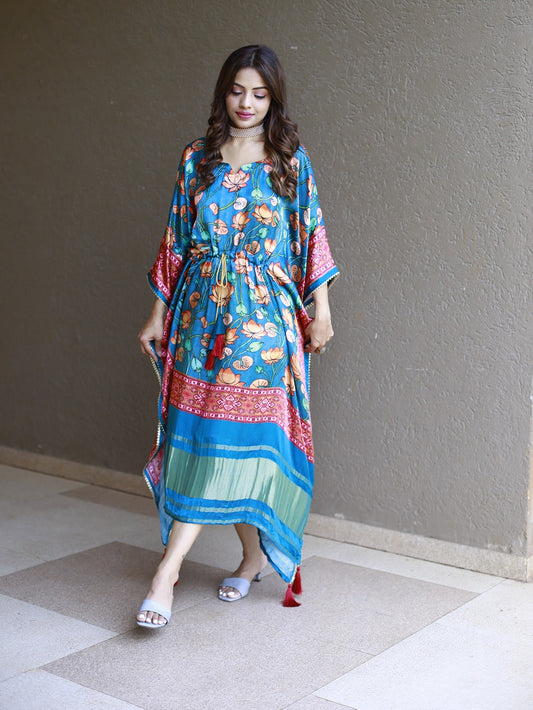 Teal Color Digital Printed Pure Gaji Silk Kaftan