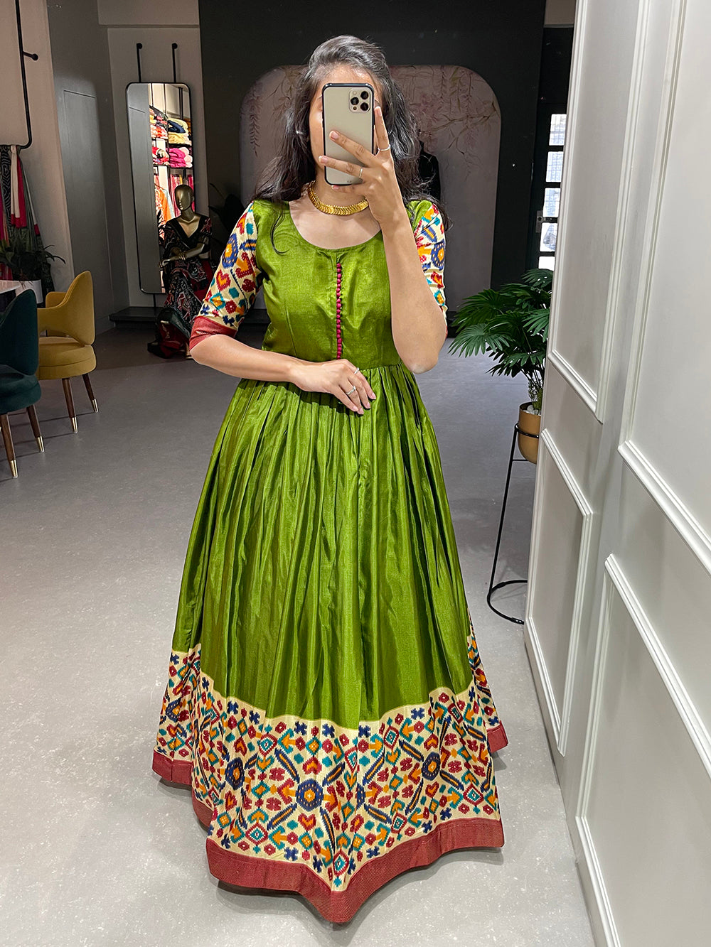 Mehendi Color Foil Printed Dola Silk Dress
