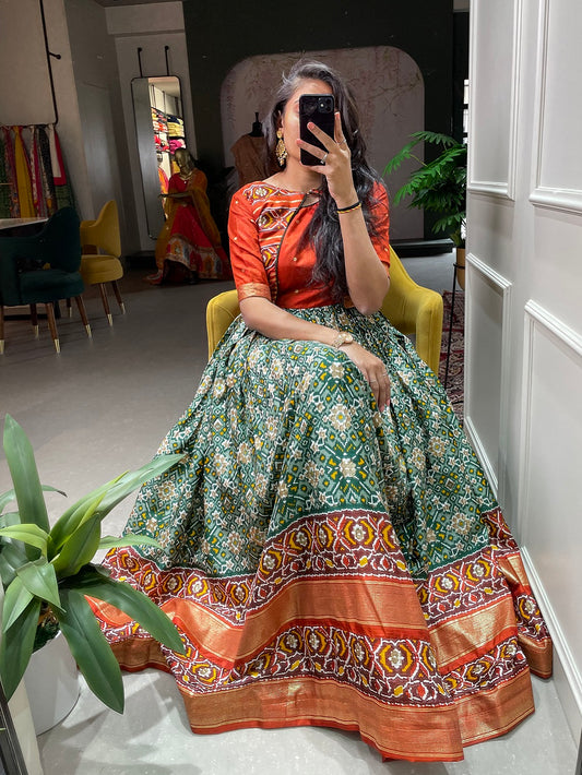 Green Color Patola Paithani Printed And Foil Printed Dola Silk Dress