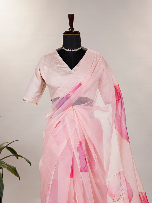 Pink Color Floral & Foil Print Organza Saree