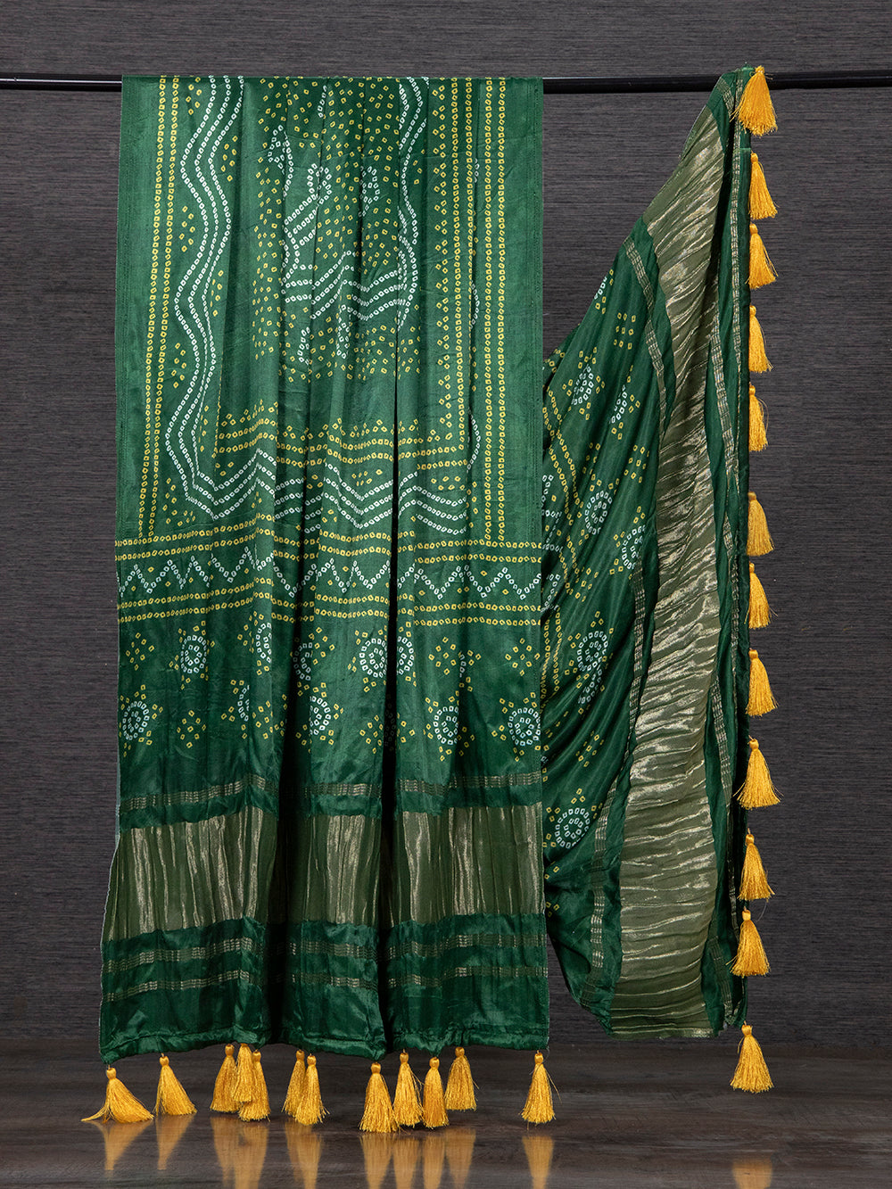 Green Color Pure Gaji Silk Bandhani Printed Dupatta With Tassels